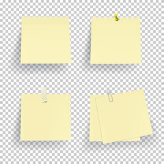 Set of note paper with pin, adhesive tape and clip isolated on transparent background.