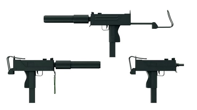 4K Animation of Automatic 9mm Machine Gun with Silencer. Alpha Matte is Included