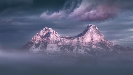 Naklejka na ściany i meble Idyllic mountain scenery at misty sunset