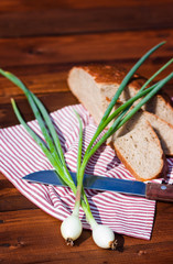 Rye bread, onion and knife on wood, outdoor