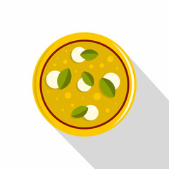 Pizza with cheese and basil icon, flat style