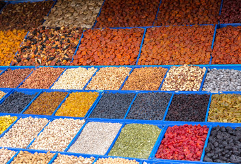 Various dried fruits on the counter of the Bazaar.