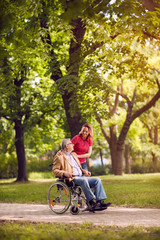 Fototapeta na wymiar Happy senior man in wheelchair and daughter in the park.