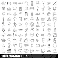 100 England icons set, outline style