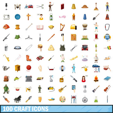 100 craft icons set, cartoon style