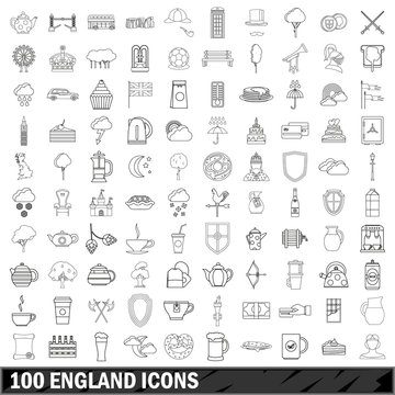 100 England icons set, outline style