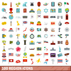 100 region icons set, flat style