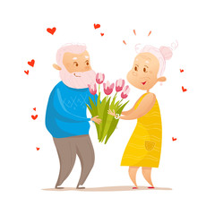 Vector flat portrait of old cute loving couple isolated on white background. Cartoon style. Love forever. Grandparents characters illustration. Happy people. Good for lovely postcard design.