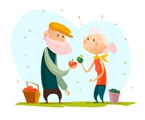 Vector flat portrait of old cute loving couple isolated on white background. Cartoon style. Love forever. Grandparents characters illustration. Happy people. Good for lovely postcard design.