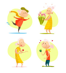 Vector flat portrait of old cute loving couple isolated on white background. Cartoon style. Love forever. Grandparents characters illustration. Happy people. Good for lovely postcard design.