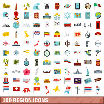 100 region icons set, flat style