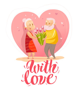 Vector flat portrait of old cute loving couple isolated on white background. Cartoon style. Love forever. Grandparents characters illustration. Happy people. Good for lovely postcard design.