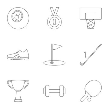 Sports accessories icons set, outline style