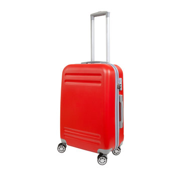 One suitcase isolated on white background. Polycarbonate suitcase isolated on white. Red suitcase.