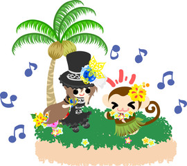Obraz na płótnie Canvas A black silk hat girl and a dancing monkey