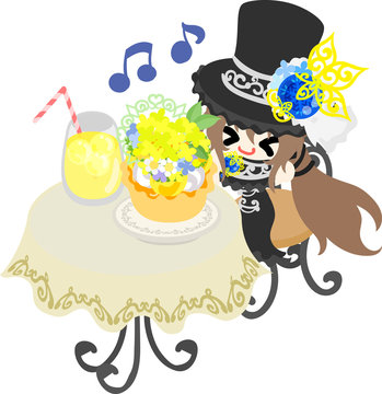 A black silk hat girl and a cake