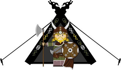 Cartoon Viking Warrior outside Tent