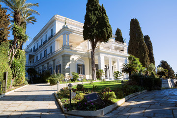 Achilleion palace in Corfu Island, Greece, built by Empress of Austria Elisabeth of Bavaria, also known as Sisi. - obrazy, fototapety, plakaty