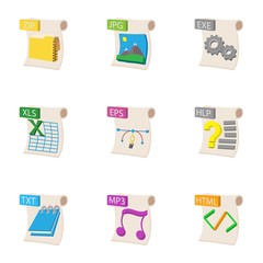Types of files icons set, cartoon style