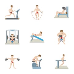 Fototapeta na wymiar Types of exercises in gym icons set, cartoon style