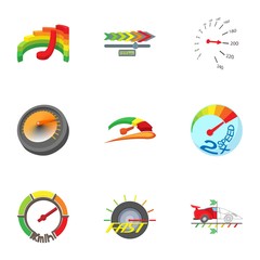 Types of speedometers icons set, cartoon style