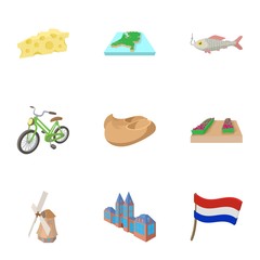 Attractions of Holland icons set, cartoon style
