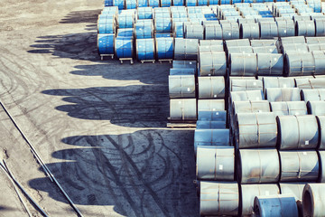 Raw material Handling: Big size steel coil storing inside warehouse. Metal structures material...
