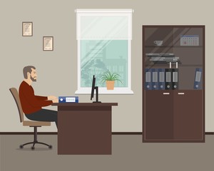 Web banner of an office worker in the room near the window. The young man is an employee at work. There is a brown furniture, chair, cabinet for documents in the picture. Vector flat illustration
