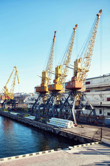 Fototapeta na wymiar Port cargo crane over blue sky background. Sea port, crane for loading at sunset. Transportation