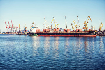 Naklejka premium Port cargo crane over blue sky background. Sea port, crane for loading at sunset. Transportation