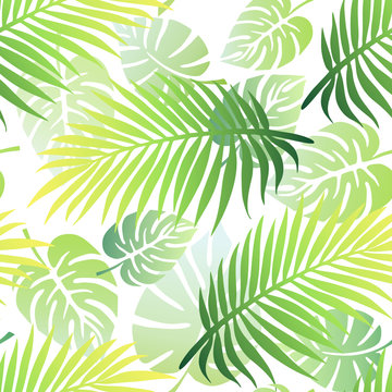Tropical seamless pattern with palm tree leaves and exotic plant