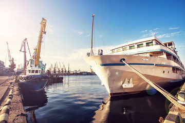 Container Cargo Ship with working crane bridge in shipyard background, Freight Transportation, Logistic Import Export background concept. Seaport, sunset, ships, cargo, taps.