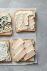 Assorted cheeses on toasts