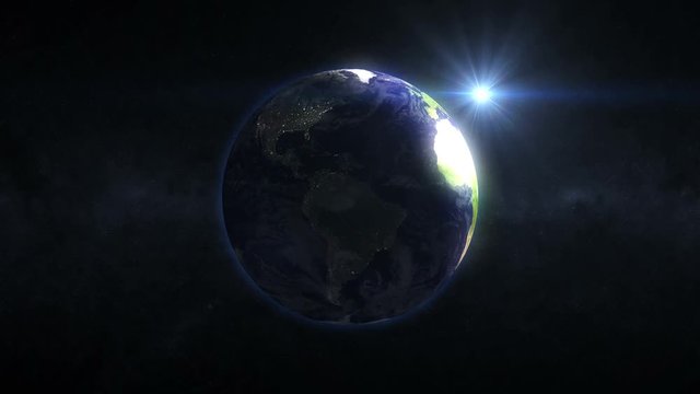 4K Loop Animation of Earth rotation with Sunshine. Elements of this animation furnished by NASA