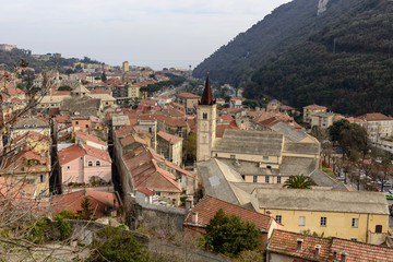 Fototapeta na wymiar aerial view of village from San Giovanni castle, Finalborgo, Italy
