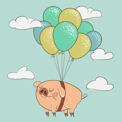 Cute pig flying with balloons