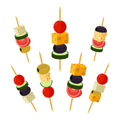 Canapes, tapas in flat style. Buffet, restaurant food, appetizer, snack.