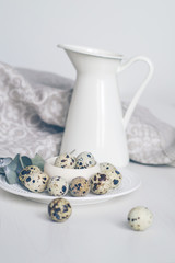 Table setting with white plate, green twig, linen napkin and quail eggs. Prepare to Easter. Toned in cold scale