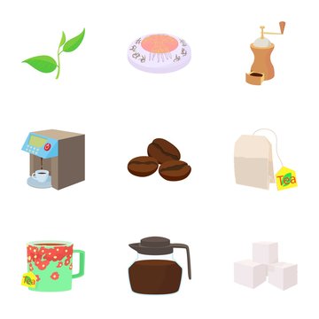 Coffee icons set, cartoon style