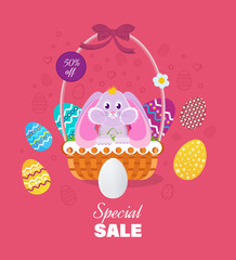 Hare sitting in basket to Easter eggs, special sale.