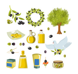 Olive isolated icon set with products and decorations from olives.