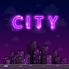 Fototapeta premium Neon night city background cover retro, Vector illustration