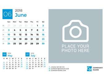 Calendar for 2018 Year. Vector Design Print Template with Place for Photo and Company Logo. June 2018. Week Starts on Sunday. 3 Months on Page