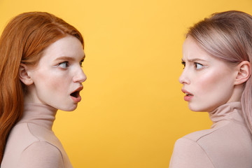 Side view image of shocked young two ladies