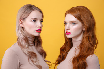 Beautiful two ladies with bright makeup lips