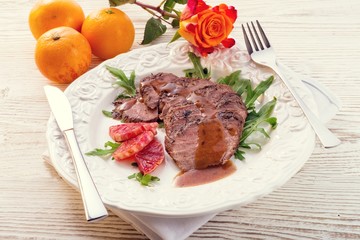 Pink fried duck breast