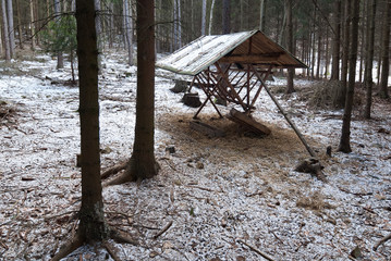 Hay rack to feed animals in a forest during winter time