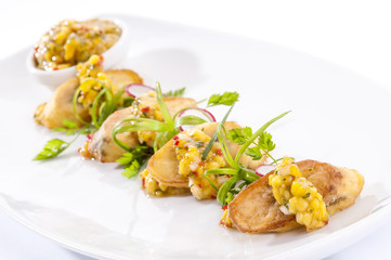 Banana canapes with spicy cornmeal 