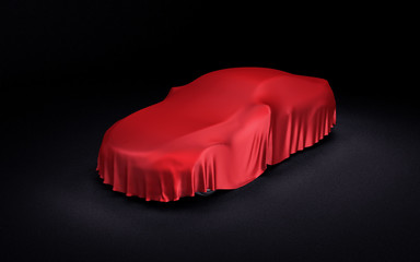 Car covered with a red cloth. 3D Illustration