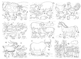 At the farm. Set of illustrations cute farm animals and vegetable garden. Coloring page